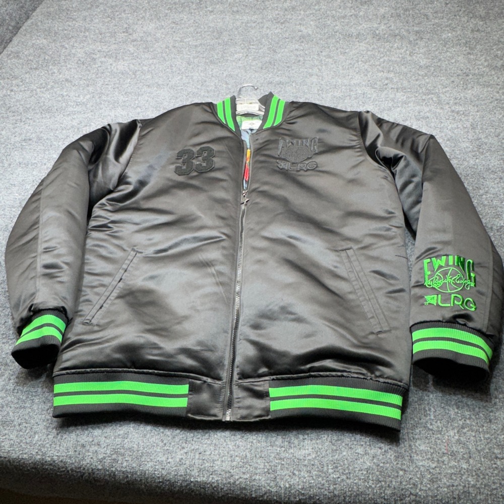 LRG Patrick Ewing Mens XL Black Satin Bomber Jacket Varsity Green Leaf Street